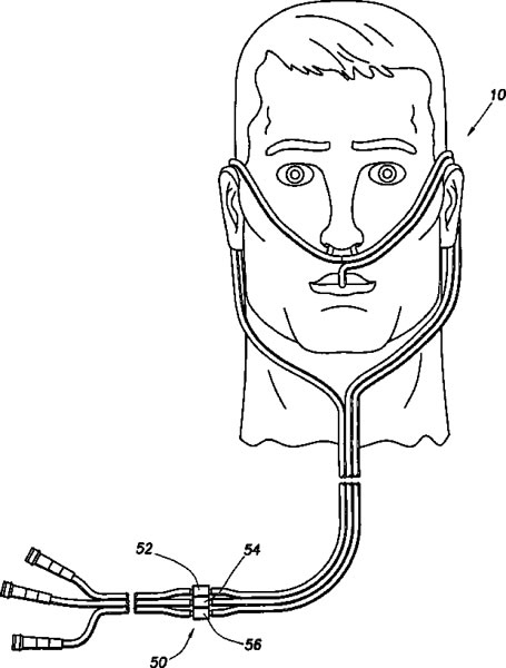 A simple drawing of a nasal cannula used in hospitals to deliver oxygen or airflow to patients in need.