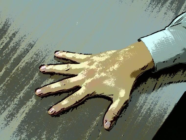 This hand drawing shows a human hand stretched out with the palm lying flat on a table.