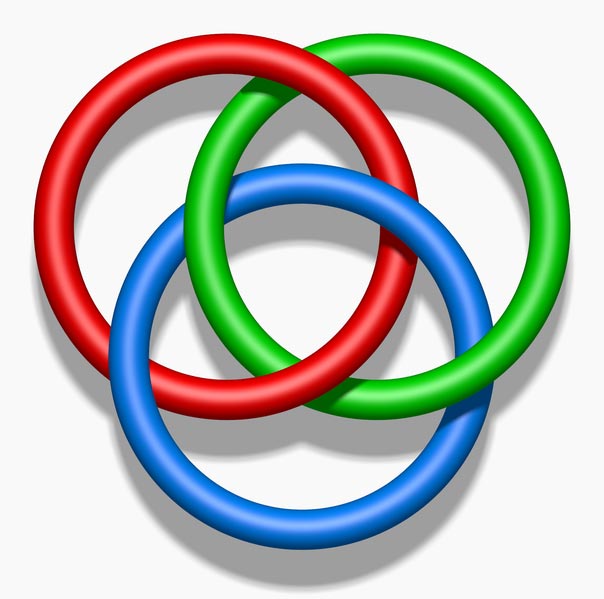 These three colored rings form an arrangement known as the Borromean rings. It is an optical illusion because three flat rings or circles cannot be connected in such a way.