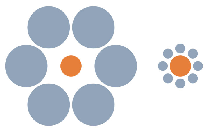 This image is an Ebbinghaus optical illusion (also known as Titchener circles). The illusion is related to size perception. Despite the fact that the inner circles are exactly the same size, the inner circle on the right appears to be larger because it is surrounded by smaller circles.