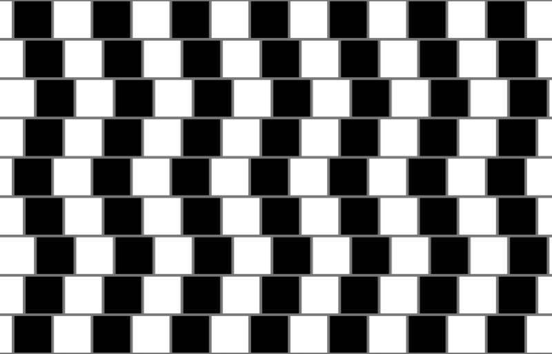 This famous optical illusion makes the parallel horizontal lines appear to be bent when in fact they are straight. It was originally noticed amongst the tiles of a cafe wall and can now be seen in architecture such as on a large building in Melbourne, Australia.