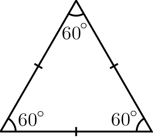 This picture shows an equilateral triangle, a three sided regular polygon with internal angles of 60 degrees and sides of equal length.