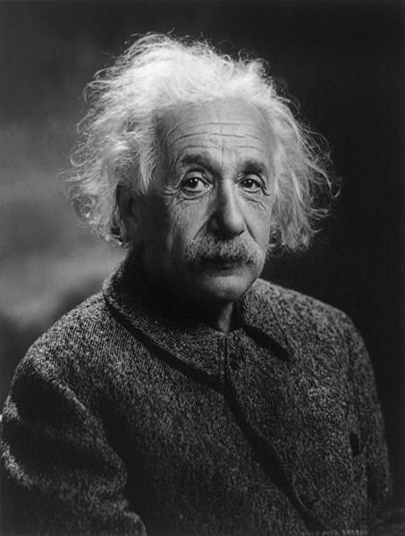 A black and white photo of Albert Einstein.