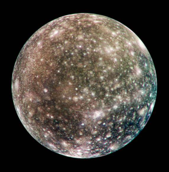 This is an image of Callisto, one of the moons of Jupiter. Discovered by Galileo Galilei in 1610, it is the third largest moon in the Solar System and features a heavily cratered surface.
