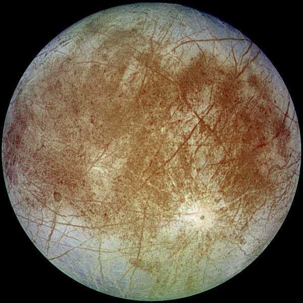 This is an image of Europa, one of the moons of Jupiter. Discovered by Galileo Galilei in 1610, it is the sixth largest moon in the Solar System and features a smooth surface made of ice.