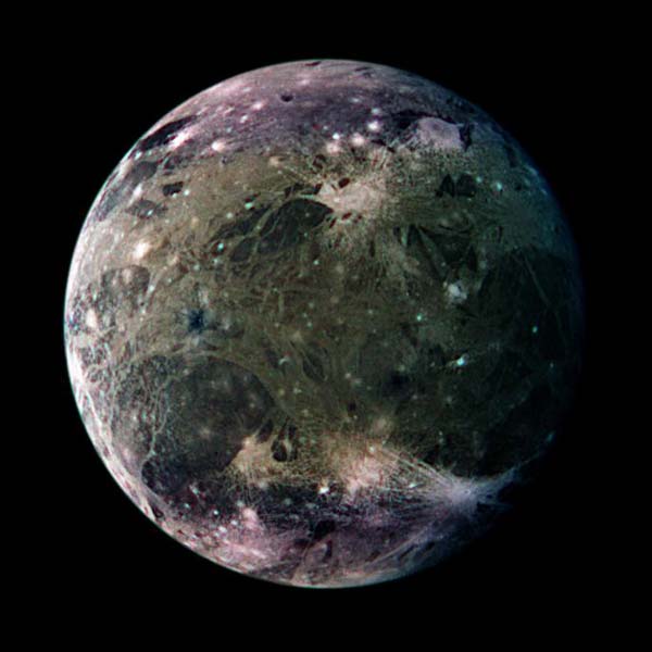 This is an image of Ganymede, one of the moons of Jupiter. Discovered by Galileo Galilei in 1610, it orbits Jupiter around every seven days and is the largest moon in the Solar System.