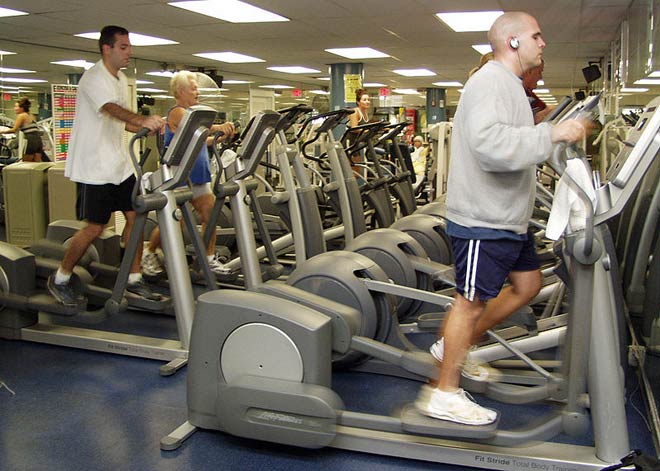 This photo shows gym members using elliptical trainers, a popular method of exercise.