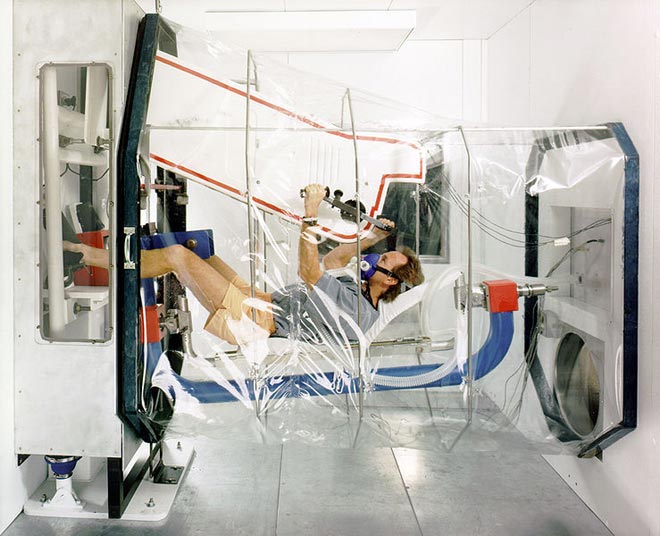 At the NASA Ames Research Center in Mountain View, California, astronauts use a special exercise device to measure the effect of weightlessness on the human body during long space flights.