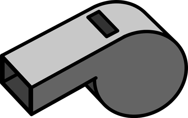 This clip art style icon is of a whistle, an important piece of equipment that is commonly used by sports referees.